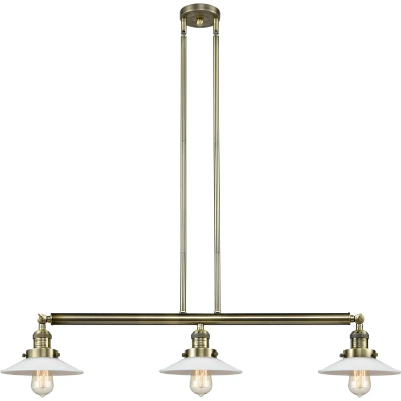 Franklin Restoration Halophane 3 Light 41 inch Antique Brass Island Light Ceiling Light in Incandescent, Matte White Halophane Glass, Franklin Restoration