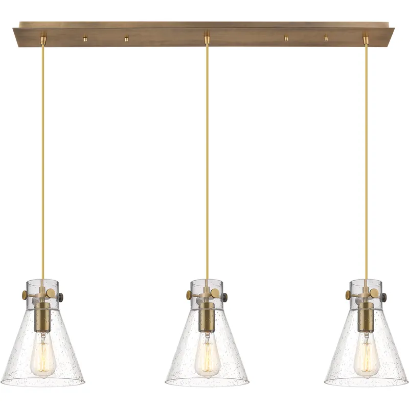 Newton Cone 3 Light 39.75 inch Brushed Brass Linear Pendant Ceiling Light in Seedy Glass