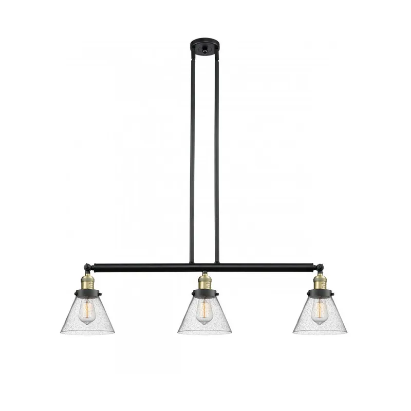 Franklin Restoration Large Cone 3 Light 40 inch Black Antique Brass Island Light Ceiling Light in Seedy Glass, Franklin Restoration