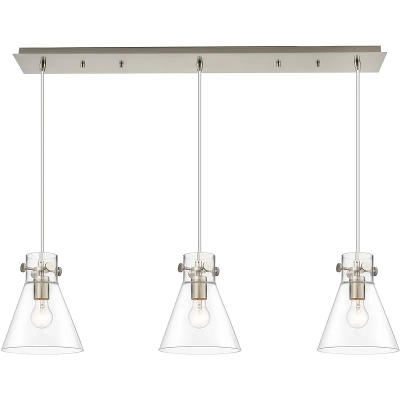 Newton Cone 3 Light 39.75 inch Brushed Satin Nickel Linear Pendant Ceiling Light in Clear Glass
