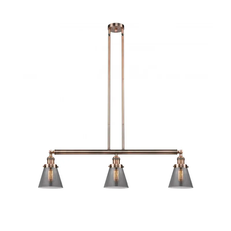 Franklin Restoration Small Cone 3 Light 39 inch Antique Copper Island Light Ceiling Light in Plated Smoke Glass, Franklin Restoration