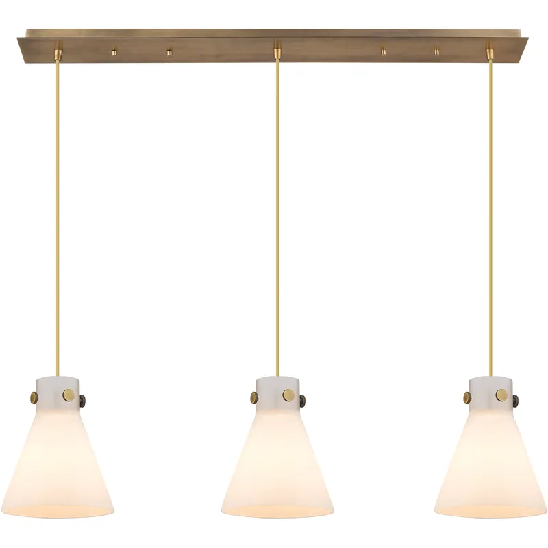 Newton Cone 3 Light 39.75 inch Brushed Brass Linear Pendant Ceiling Light in White Glass
