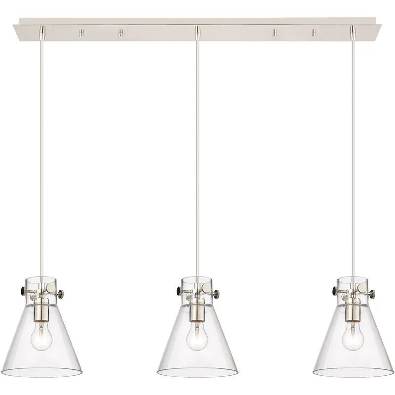 Newton Cone 3 Light 39.75 inch Polished Nickel Linear Pendant Ceiling Light in Clear Glass