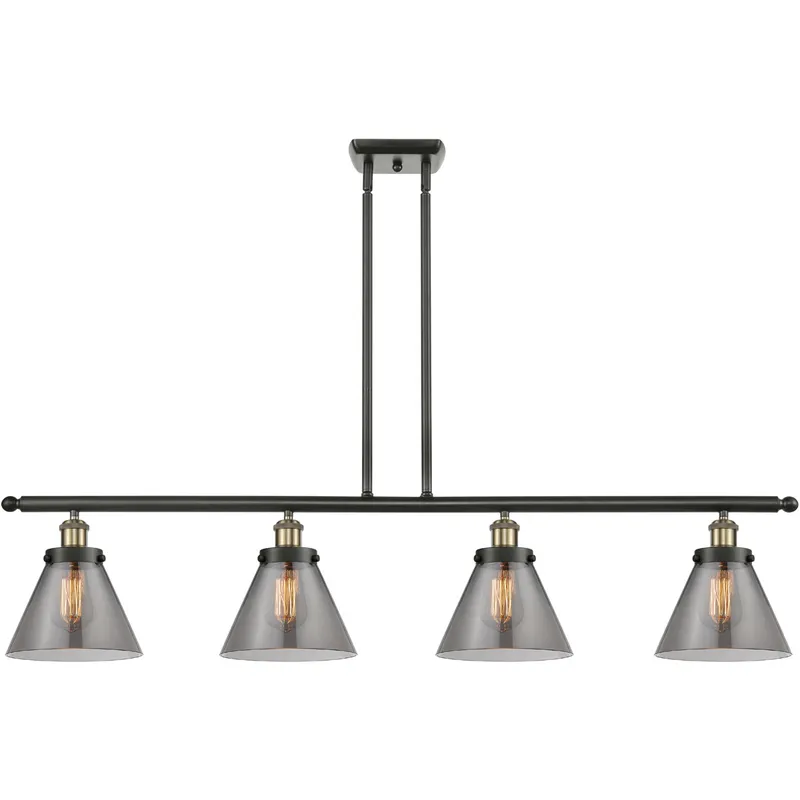 Ballston Large Cone 4 Light 48 inch Black Antique Brass Island Light Ceiling Light in Light Smoke Glass