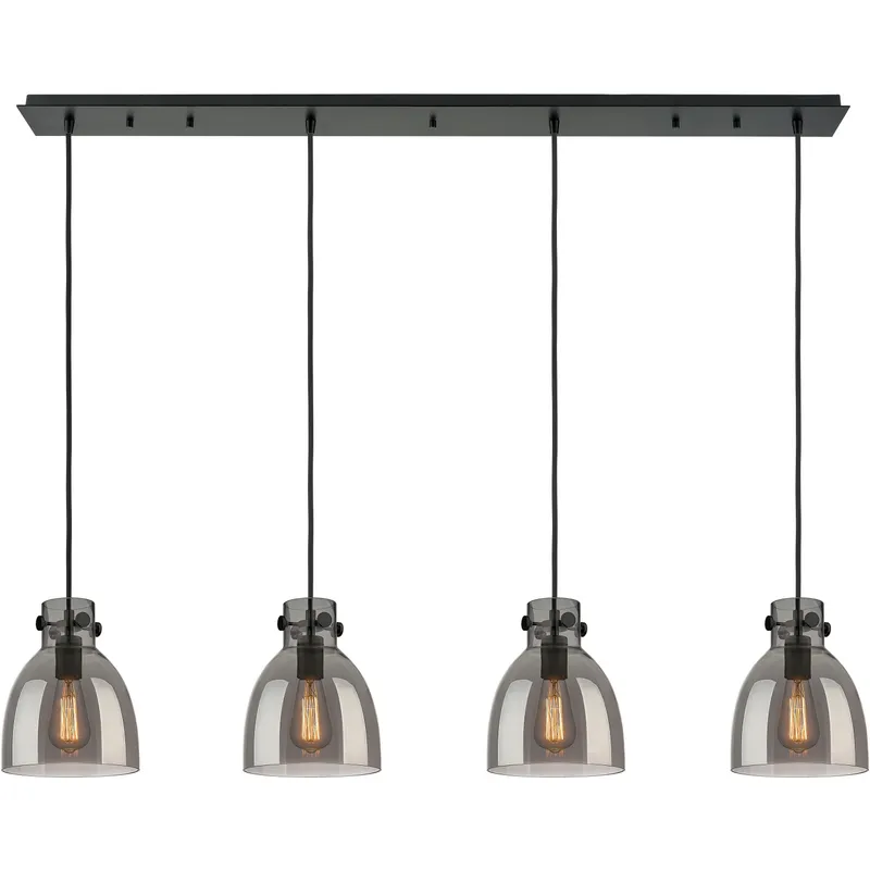 Newton Bell 4 Light 51.75 inch Matte Black Linear Pendant Ceiling Light in Light Smoke Glass