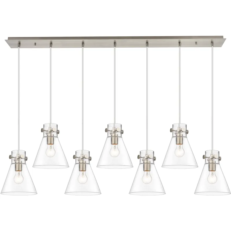 Newton Cone 7 Light 51.75 inch Brushed Satin Nickel Linear Pendant Ceiling Light in Clear Glass