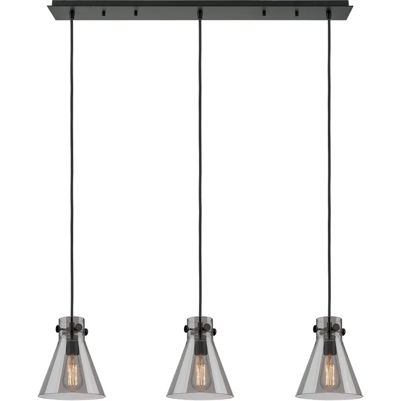 Newton Cone 3 Light 39.75 inch Matte Black Linear Pendant Ceiling Light in Light Smoke Glass