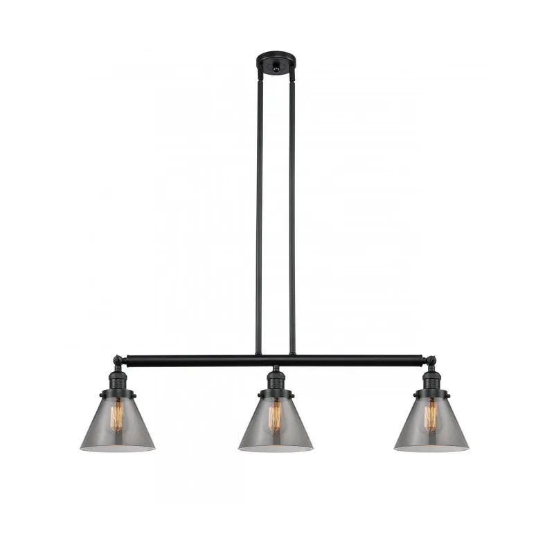 Franklin Restoration Large Cone 3 Light 40.25 inch Matte Black Island Light Ceiling Light in Light Smoke Glass, Franklin Restoration