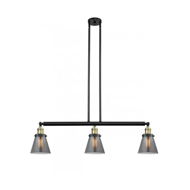 Franklin Restoration Small Cone 3 Light 39 inch Black Antique Brass Island Light Ceiling Light in Plated Smoke Glass, Franklin Restoration