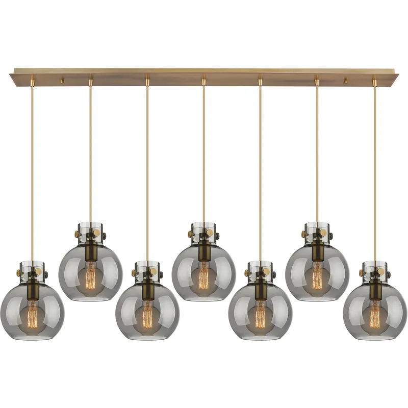 Newton Sphere 7 Light 51.75 inch Brushed Brass Linear Pendant Ceiling Light in Light Smoke Glass