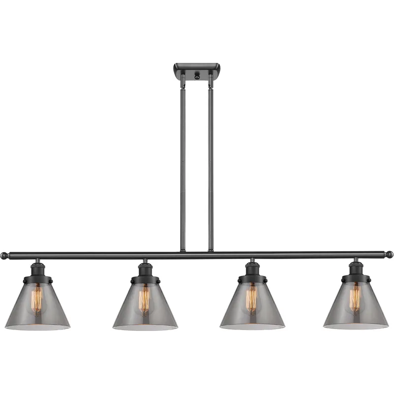 Ballston Large Cone 4 Light 48 inch Matte Black Island Light Ceiling Light in Light Smoke Glass, Ballston