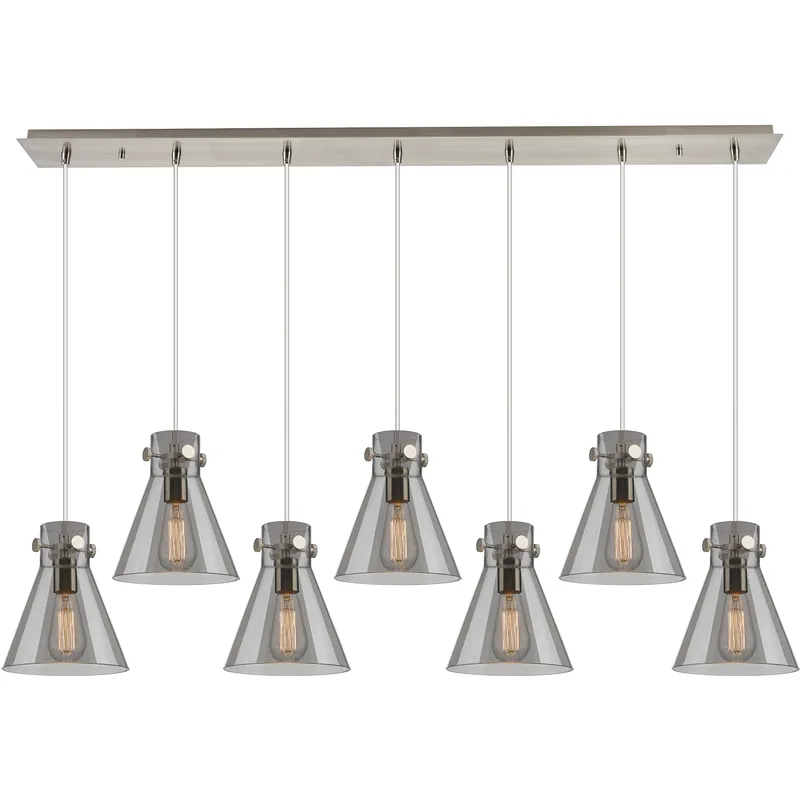 Newton Cone 7 Light 51.75 inch Brushed Satin Nickel Linear Pendant Ceiling Light in Light Smoke Glass