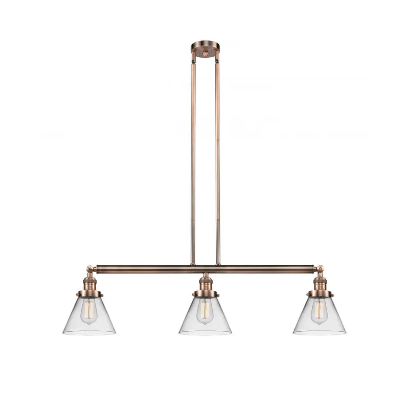 Franklin Restoration Large Cone 3 Light 40 inch Antique Copper Island Light Ceiling Light in Clear Glass, Franklin Restoration