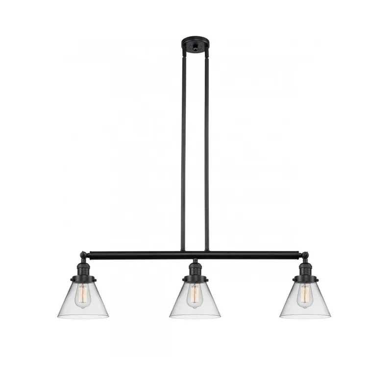 Franklin Restoration Large Cone 3 Light 40 inch Matte Black Island Light Ceiling Light in Clear Glass, Franklin Restoration