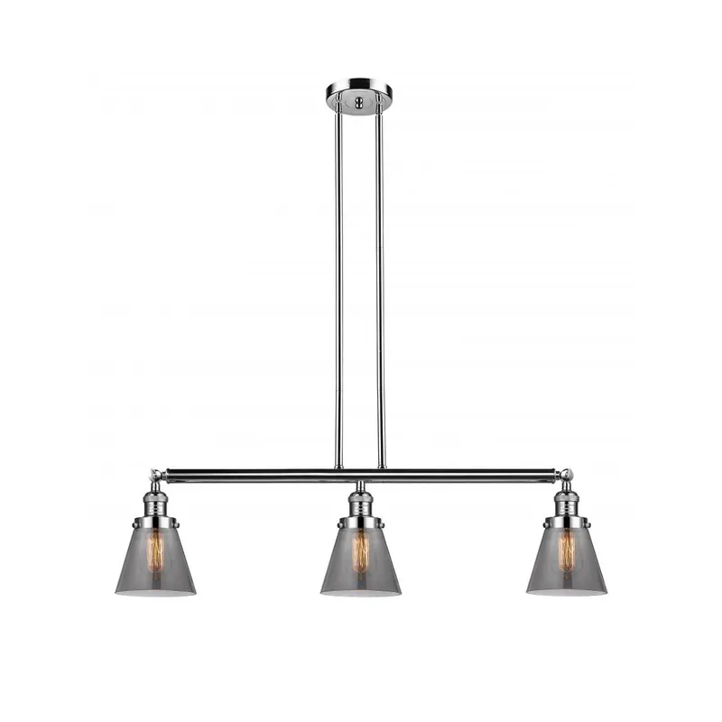 Franklin Restoration Small Cone 3 Light 39 inch Polished Nickel Island Light Ceiling Light in Plated Smoke Glass, Franklin Restoration