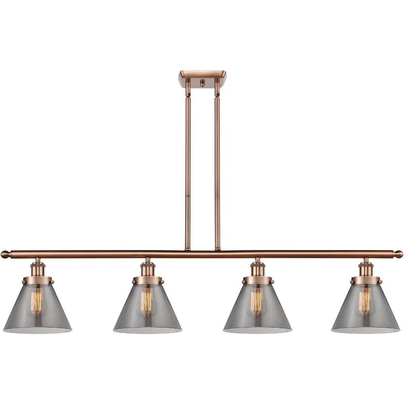Ballston Large Cone 4 Light 48 inch Antique Copper Island Light Ceiling Light in Light Smoke Glass