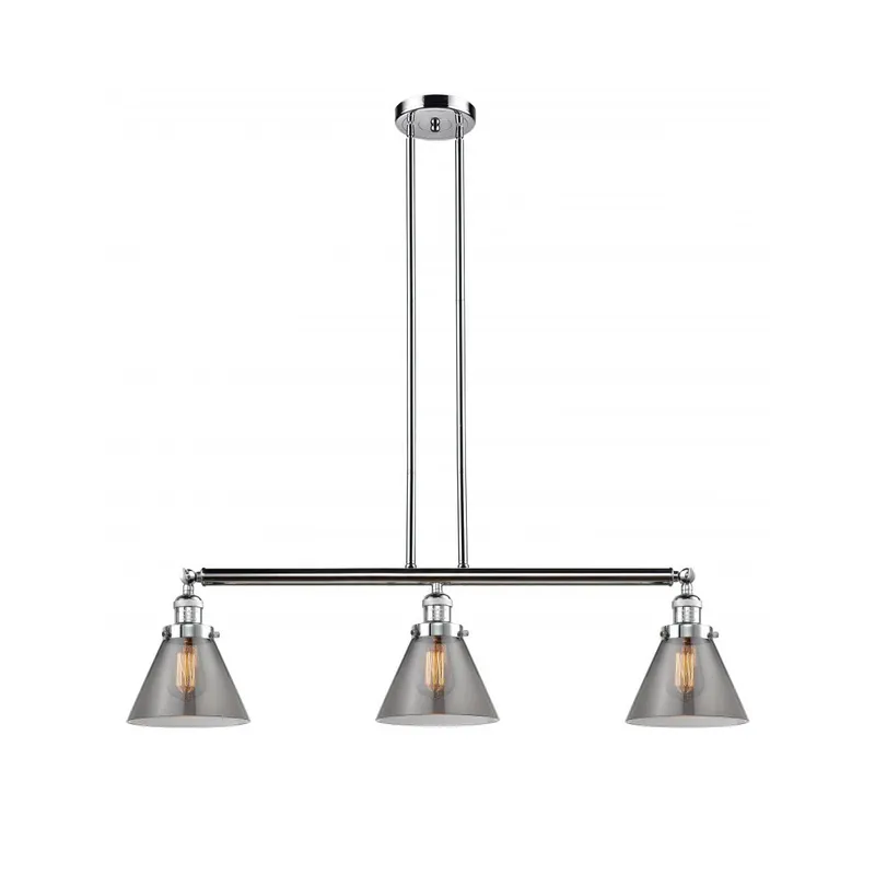 Franklin Restoration Large Cone 3 Light 40.25 inch Polished Chrome Island Light Ceiling Light in Light Smoke Glass, Franklin Restoration