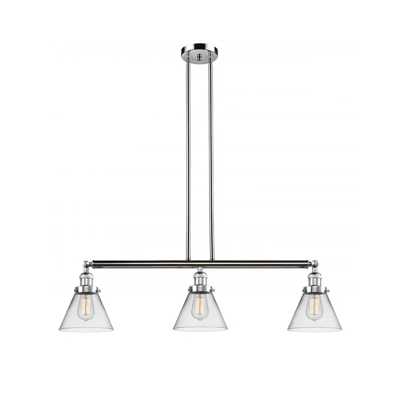Franklin Restoration Large Cone 3 Light 40 inch Polished Chrome Island Light Ceiling Light in Clear Glass, Franklin Restoration