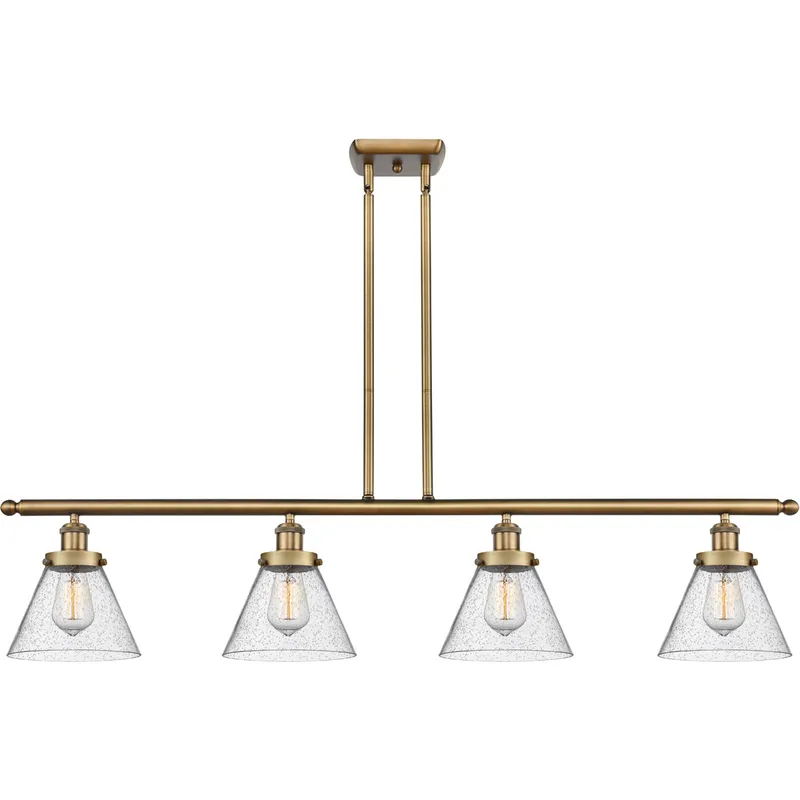 Ballston Large Cone 4 Light 48 inch Brushed Brass Island Light Ceiling Light in Seedy Glass