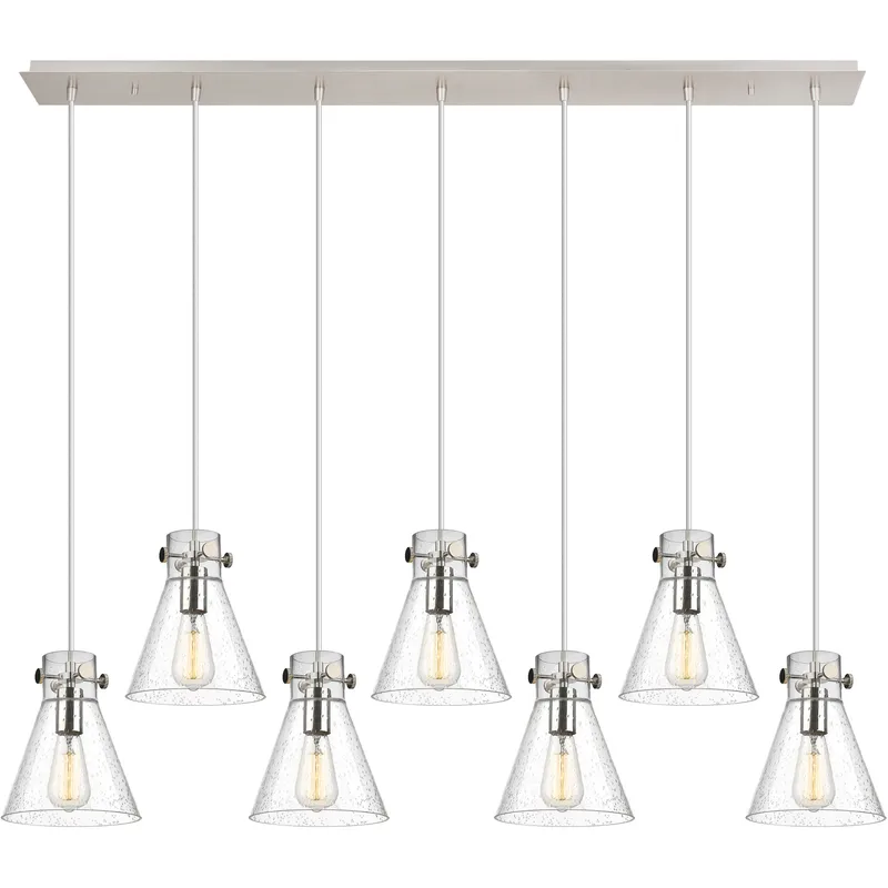 Newton Cone 7 Light 51.75 inch Polished Nickel Linear Pendant Ceiling Light in Seedy Glass