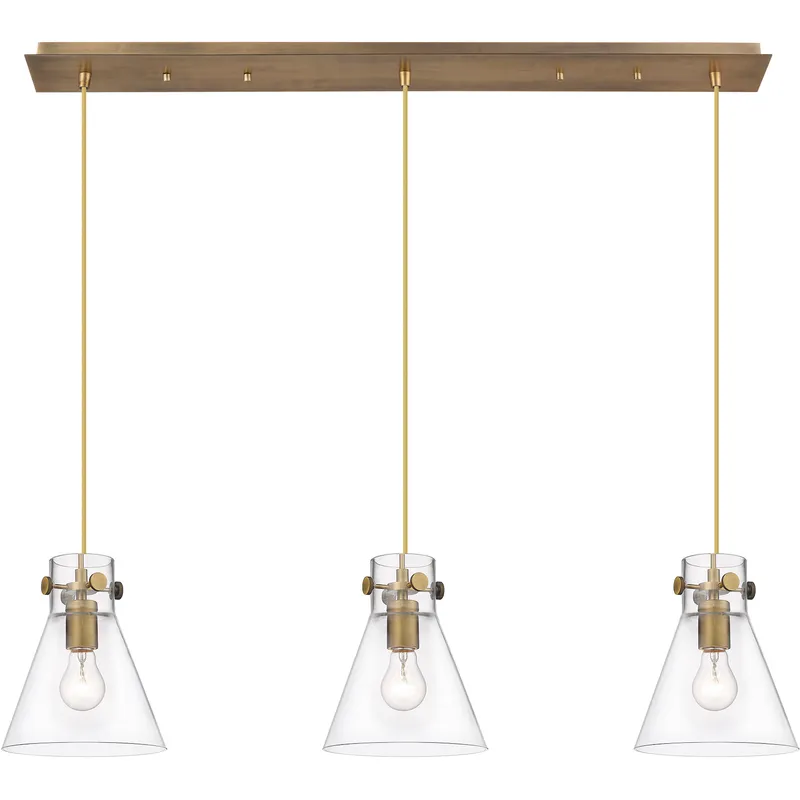 Newton Cone 3 Light 39.75 inch Brushed Brass Linear Pendant Ceiling Light in Clear Glass