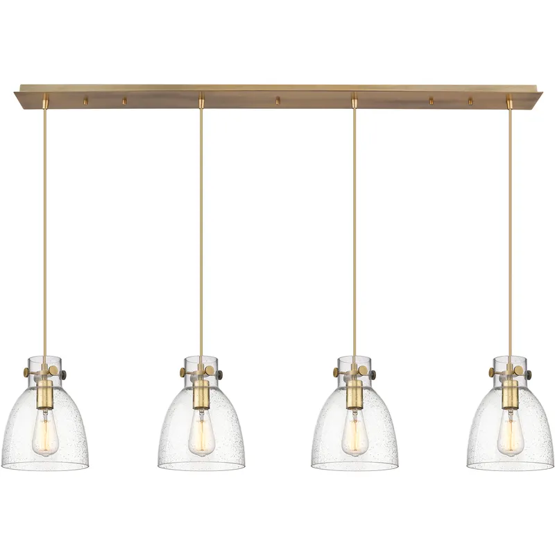 Newton Bell 4 Light 51.75 inch Brushed Brass Linear Pendant Ceiling Light in Seedy Glass