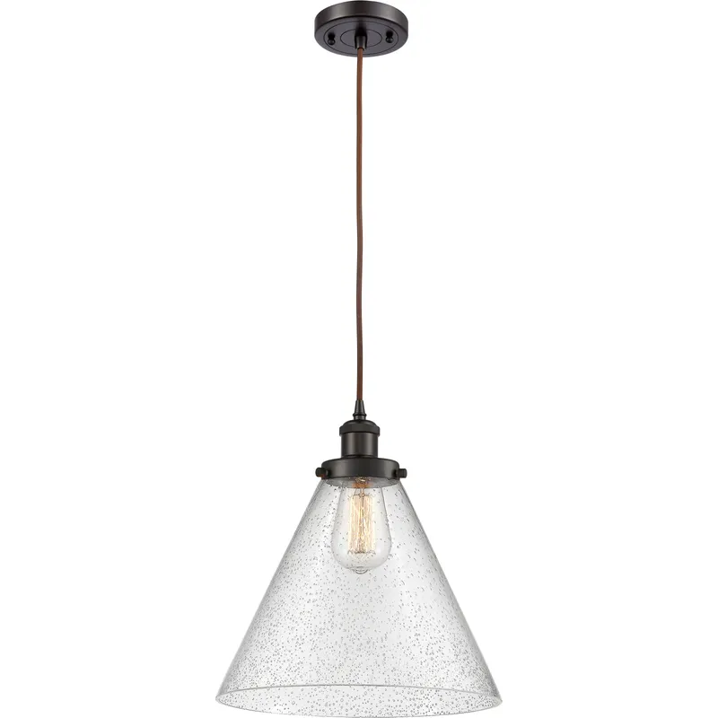 Ballston X-Large Cone LED 8 inch Oil Rubbed Bronze Mini Pendant Ceiling Light in Seedy Glass, Black Textured