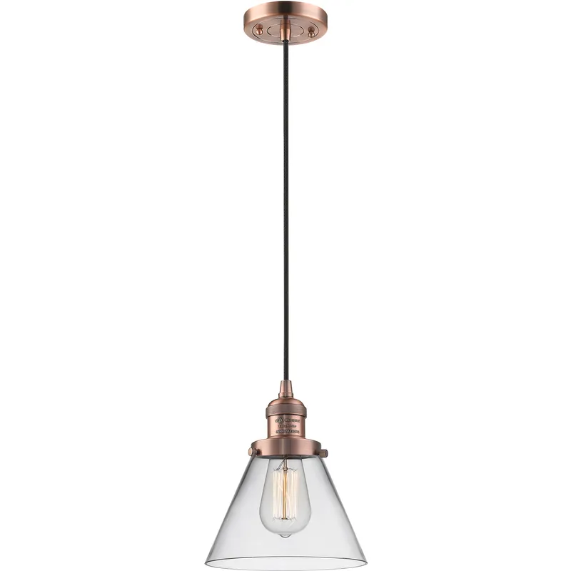 Franklin Restoration Cone LED 8 inch Antique Copper Mini Pendant Ceiling Light in Clear, Franklin Restoration