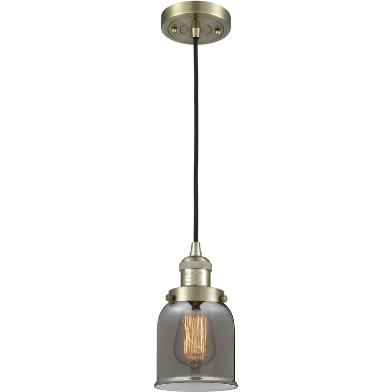 Franklin Restoration Bell 1 Light 5 inch Antique Brass Mini Pendant Ceiling Light in Bulb Not Included, Light Smoke Glass, Franklin Restoration