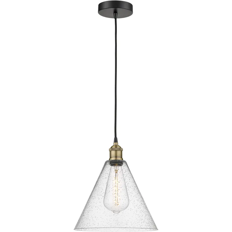 Edison Glass Cone 1 Light 12 inch Black Antique Brass Mini Pendant Ceiling Light