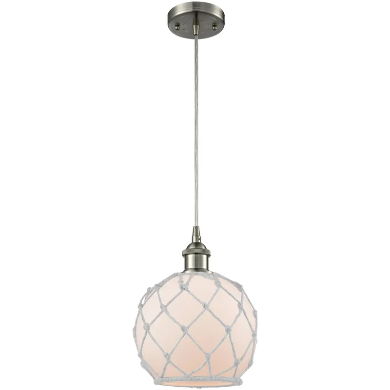 Ballston Farmhouse Rope LED 8 inch Brushed Satin Nickel Mini Pendant Ceiling Light in White Glass with White Rope, Ballston