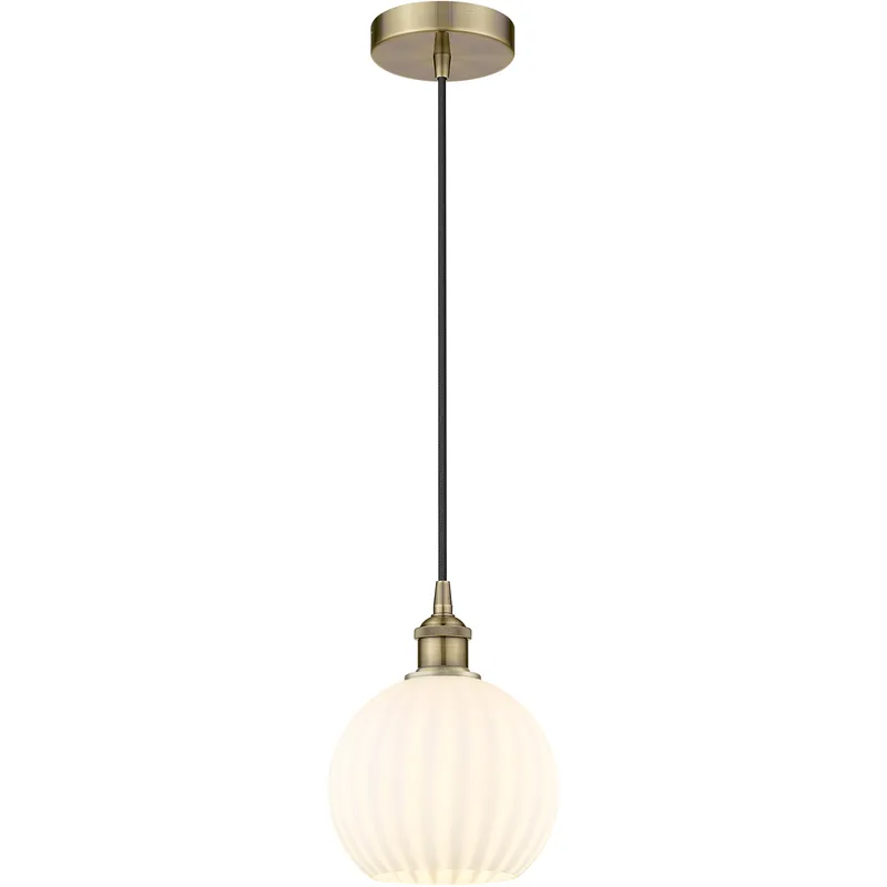 Edison White Venetian 1 Light 8 inch Antique Brass Cord Hung Mini Pendant Ceiling Light