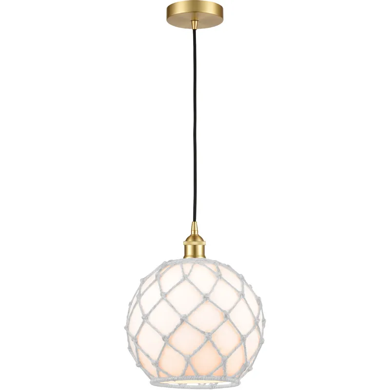 Edison Farmhouse Rope LED 10 inch Satin Gold Mini Pendant Ceiling Light in White Glass with White Rope