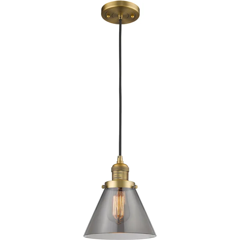 Franklin Restoration Cone LED 8 inch Brushed Brass Mini Pendant Ceiling Light in Light Smoke Glass, Franklin Restoration