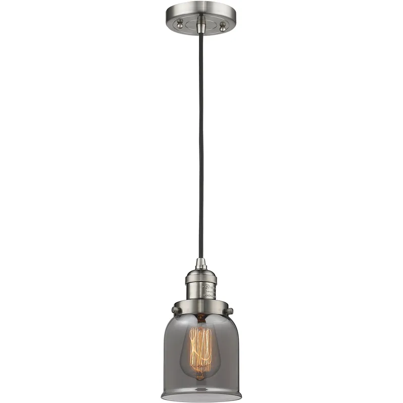 Franklin Restoration Bell LED 5 inch Brushed Satin Nickel Mini Pendant Ceiling Light in Light Smoke Glass, Franklin Restoration