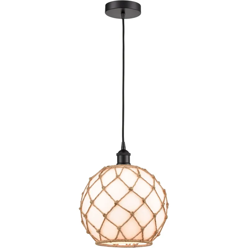 Edison Farmhouse Rope LED 10 inch Matte Black Mini Pendant Ceiling Light in White Glass with Brown Rope