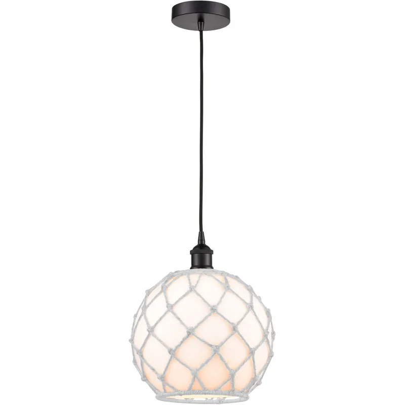 Edison Farmhouse Rope LED 10 inch Matte Black Mini Pendant Ceiling Light in White Glass with White Rope