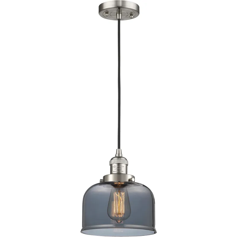 Franklin Restoration Bell 1 Light 8 inch Brushed Satin Nickel Mini Pendant Ceiling Light in Bulb Not Included, Light Smoke Glass, Franklin Restoration
