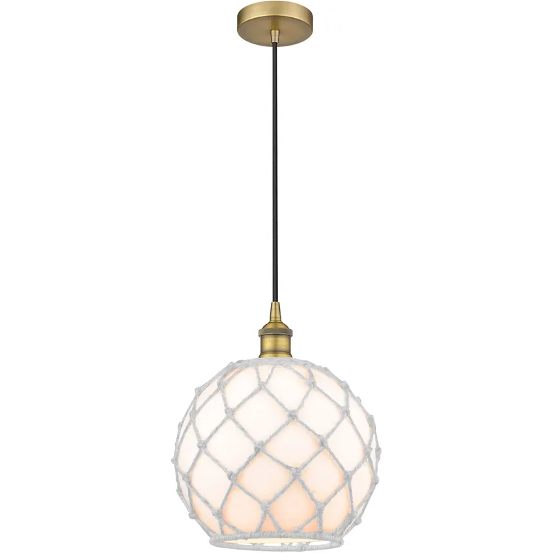 Edison Farmhouse Rope LED 10 inch Brushed Brass Mini Pendant Ceiling Light in White Glass with White Rope