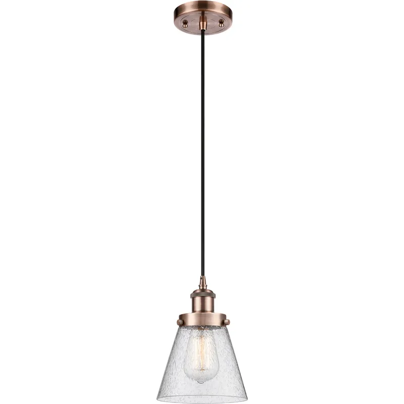 Ballston Small Cone LED 6 inch Antique Copper Mini Pendant Ceiling Light in Seedy Glass, Black Textured