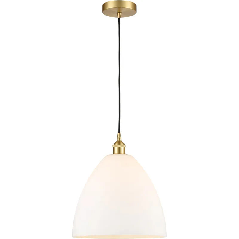 Edison Dome LED 12 inch Satin Gold Mini Pendant Ceiling Light in Matte White Glass