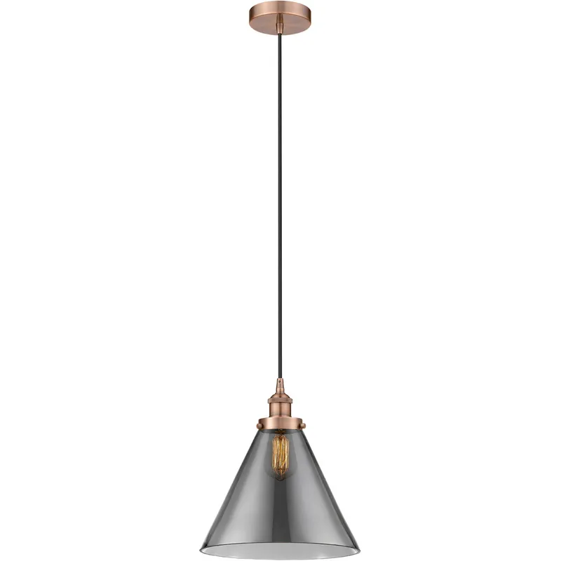 Edison Cone 1 Light 12 inch Antique Copper Mini Pendant Ceiling Light in Light Smoke Glass
