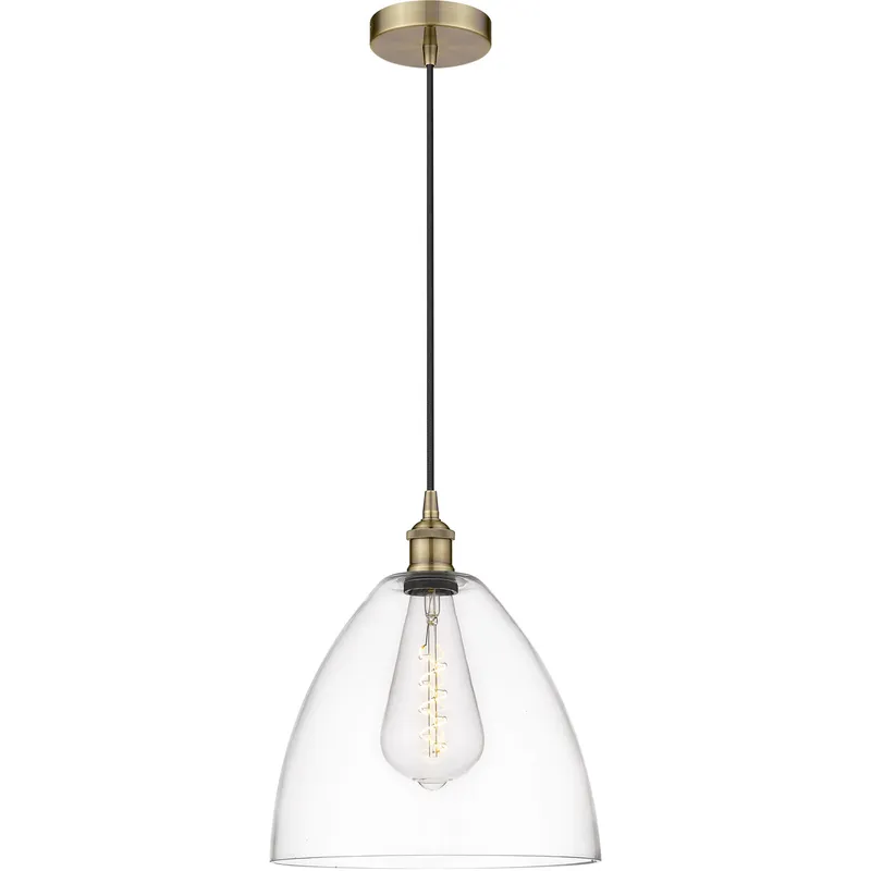 Edison Dome LED 12 inch Antique Brass Mini Pendant Ceiling Light in Clear Glass