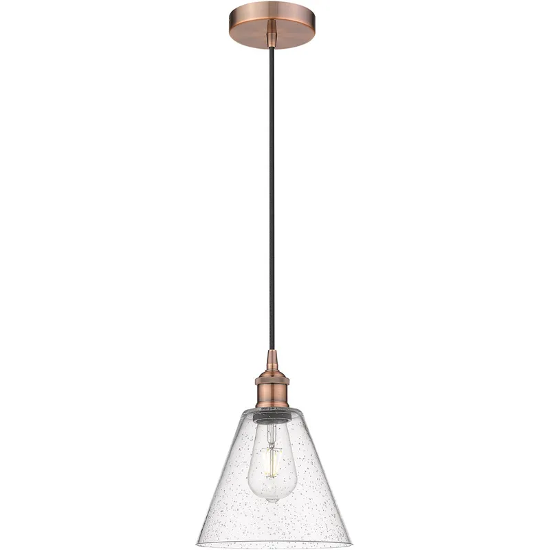 Edison Cone LED 8 inch Antique Copper Mini Pendant Ceiling Light in Seedy Glass
