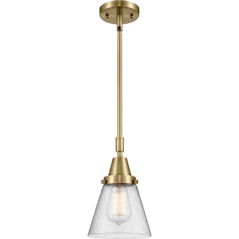 Franklin Restoration Small Cone LED 6 inch Antique Brass Mini Pendant Ceiling Light in Seedy Glass