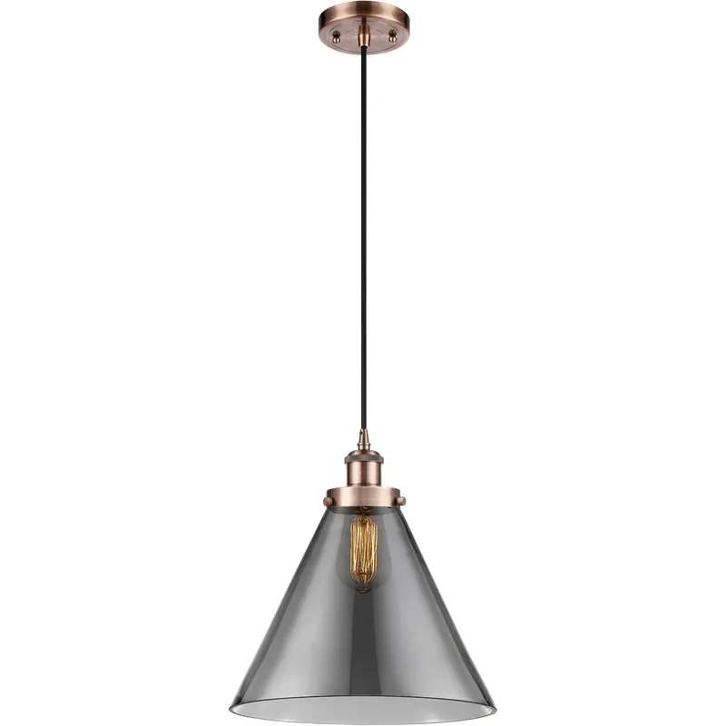 Ballston X-Large Cone LED 8 inch Antique Copper Mini Pendant Ceiling Light in Plated Smoke Glass, Black Textured