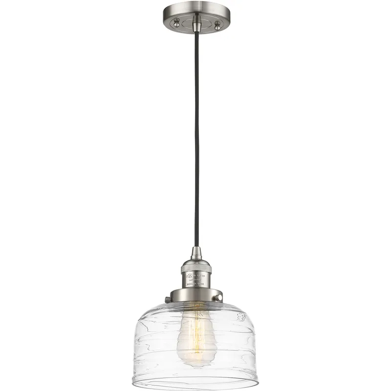 Franklin Restoration Bell 1 Light 8 inch Brushed Satin Nickel Mini Pendant Ceiling Light in Incandescent, Clear Deco Swirl