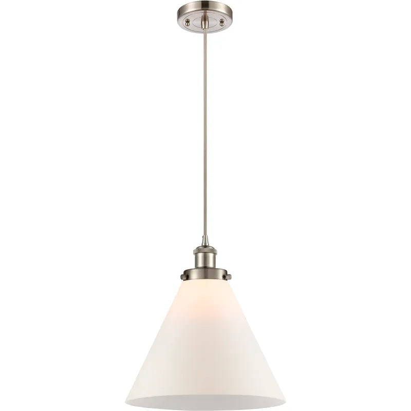 Ballston X-Large Cone LED 8 inch Brushed Satin Nickel Mini Pendant Ceiling Light in Matte White Glass, Black Textured