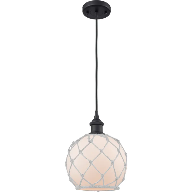 Ballston Farmhouse Rope LED 8 inch Matte Black Mini Pendant Ceiling Light in White Glass with White Rope, Ballston