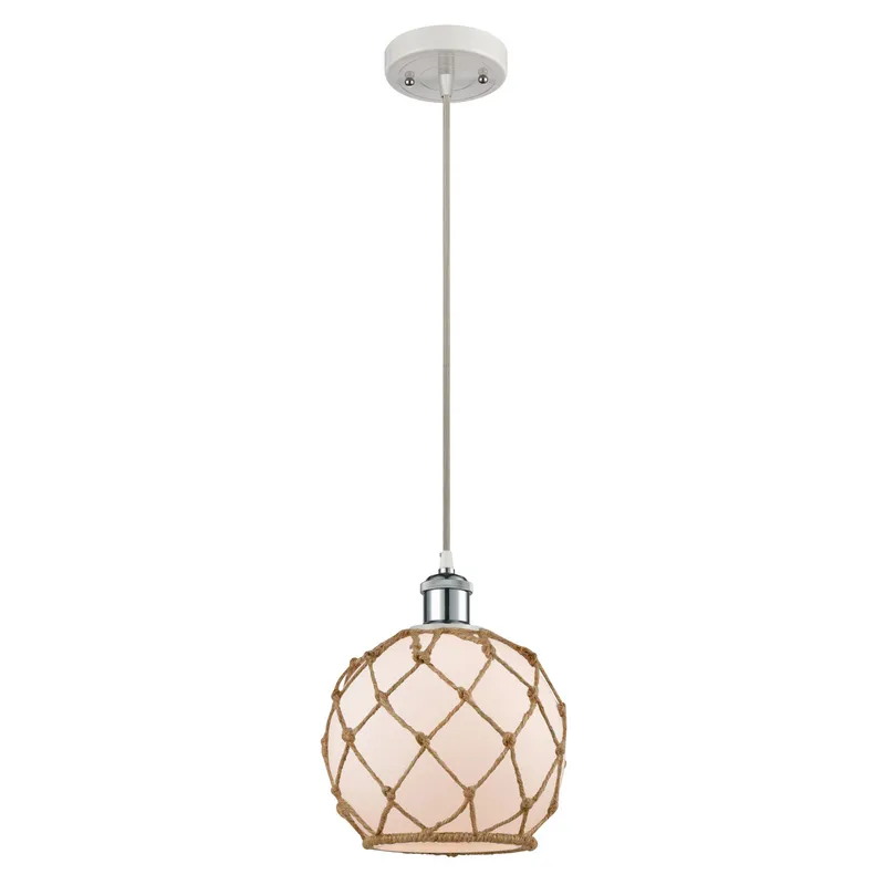 Ballston Farmhouse Rope LED 8 inch White and Polished Chrome Mini Pendant Ceiling Light in White Glass with Brown Rope, Ballston